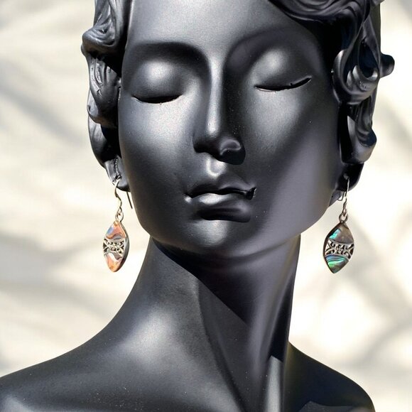 Sterling Silver Abalone Shell Marquise Drop Earrings With Filigree Design - Picture 4 of 9